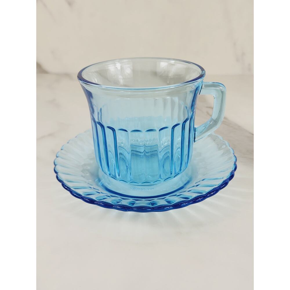 Fortecrisa Azure Ice Blue Glass Tea Cup Saucer 6oz Interior Ribbed 3" Mexico 70s